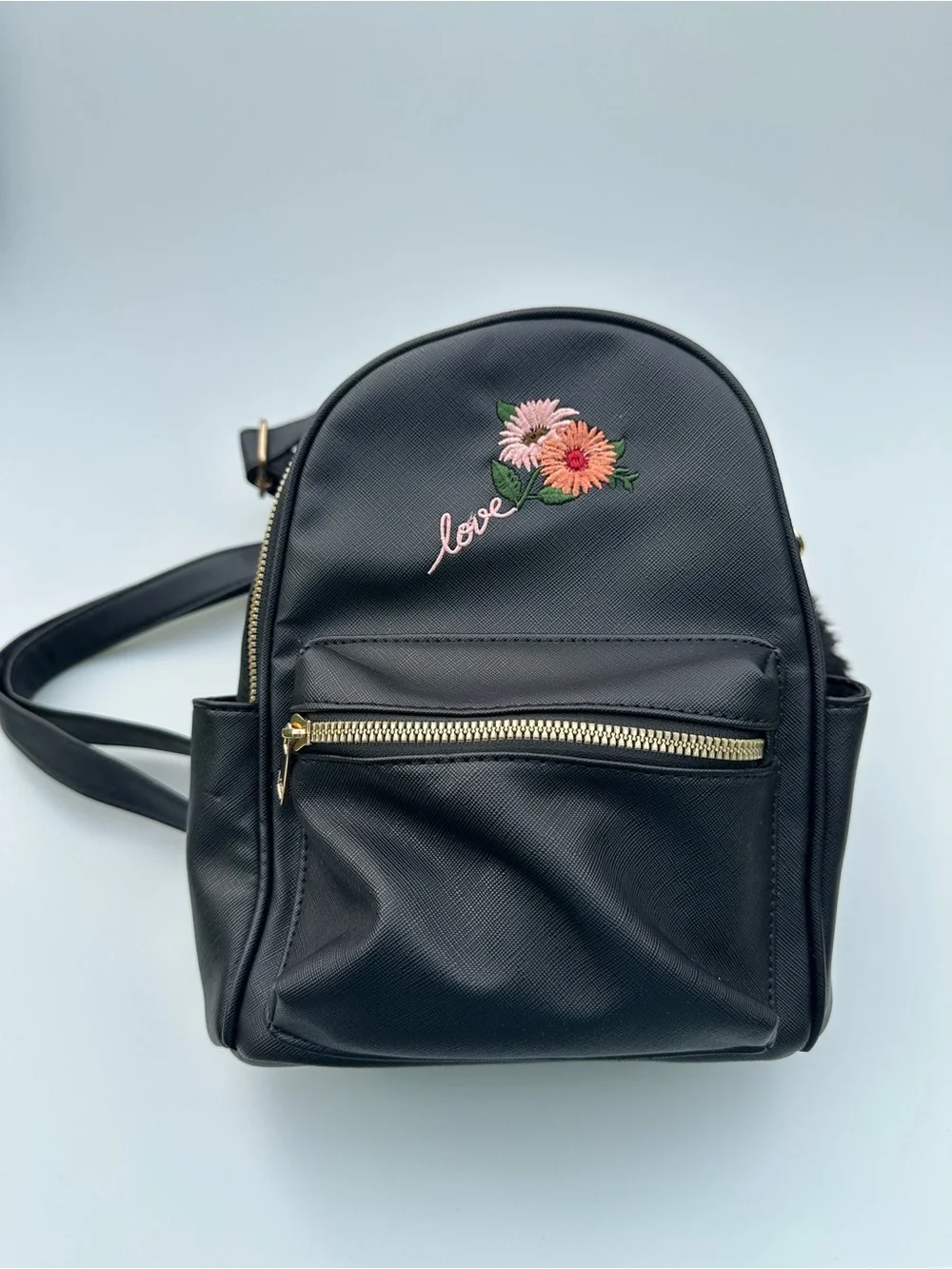 Women’s Black Mini Backpack Floral Love Embroidery Gold Tone Zippers